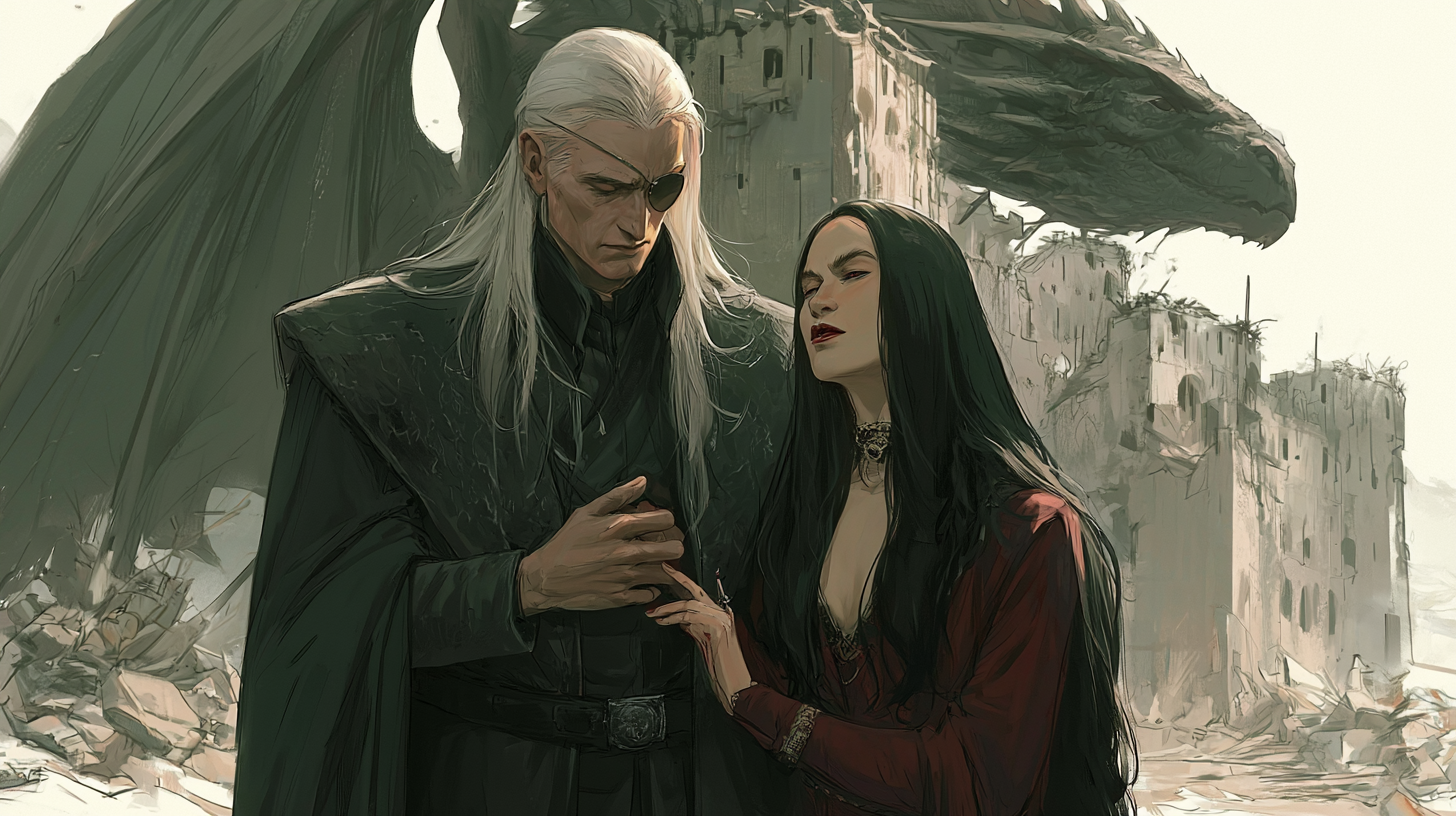 Aemond Targaryen with Alys Rivers at Harrenhal beneath Vhagar
