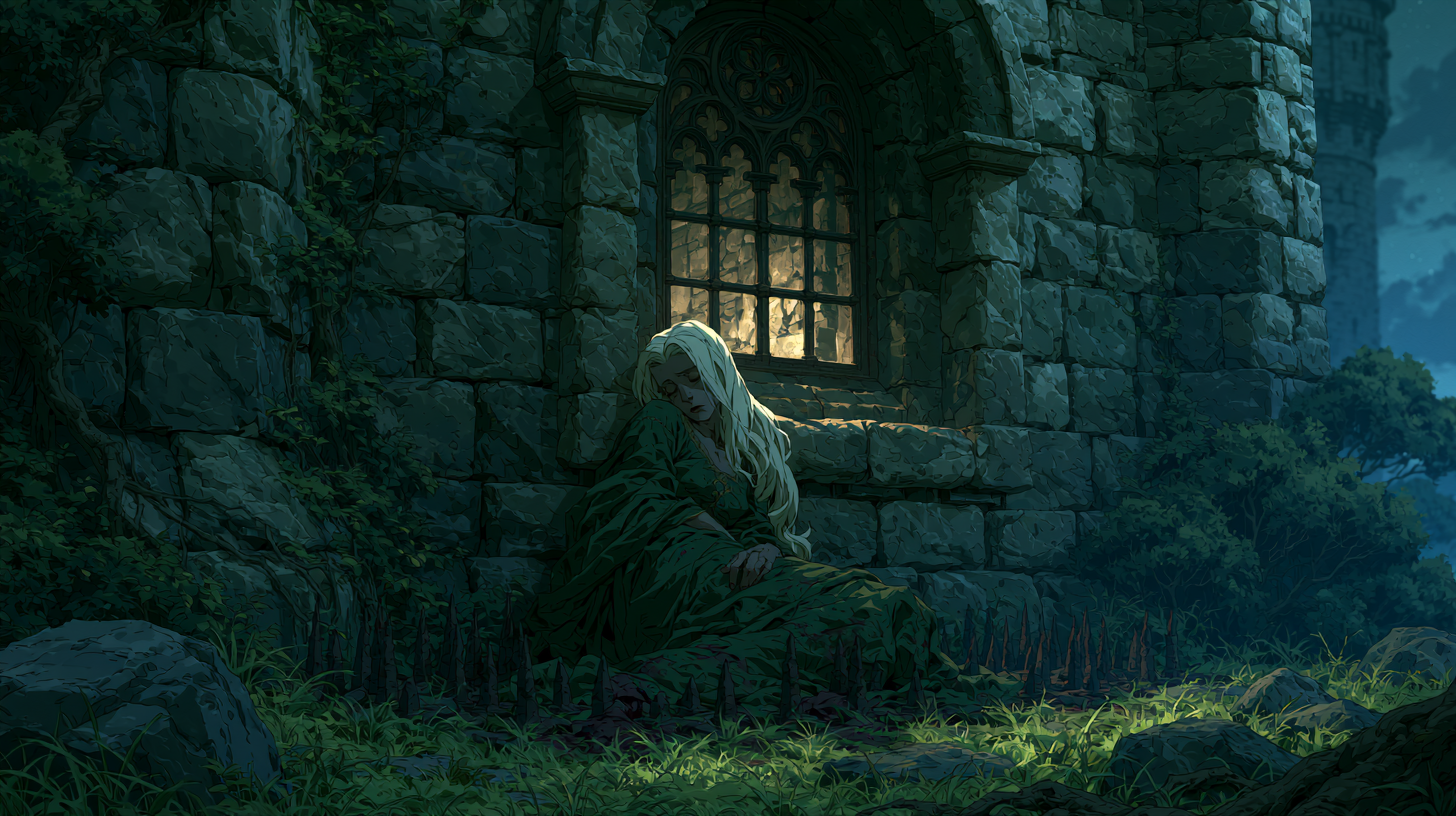 Helaena Targaryen below a tower window in a scene recalling her tragic death