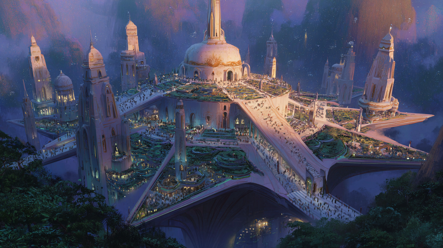 Ixaocan rendered as a radiant arcology-city above the jungle canopy