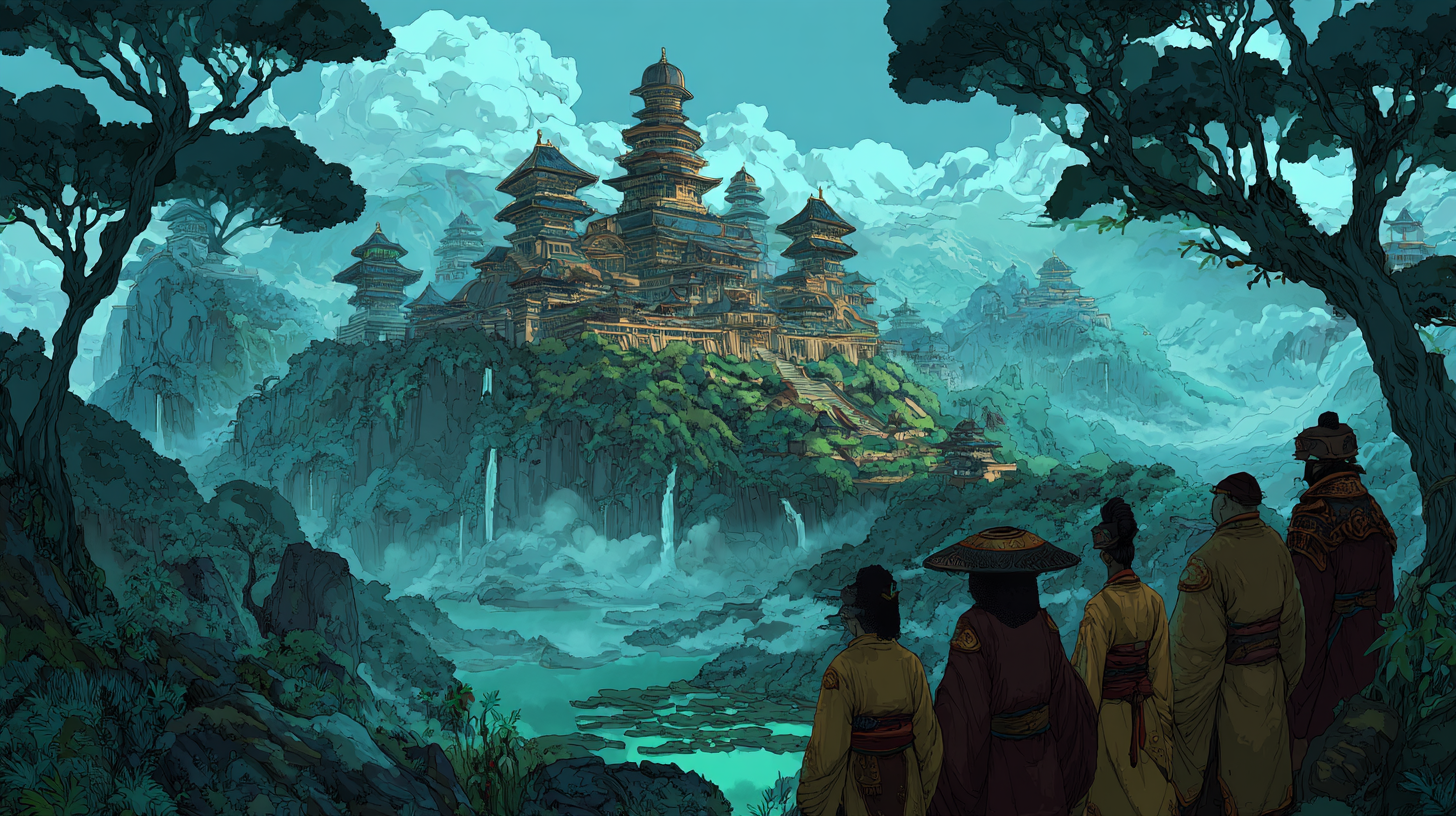 Travelers overlooking a vast jungle city that evokes hidden Ixtal