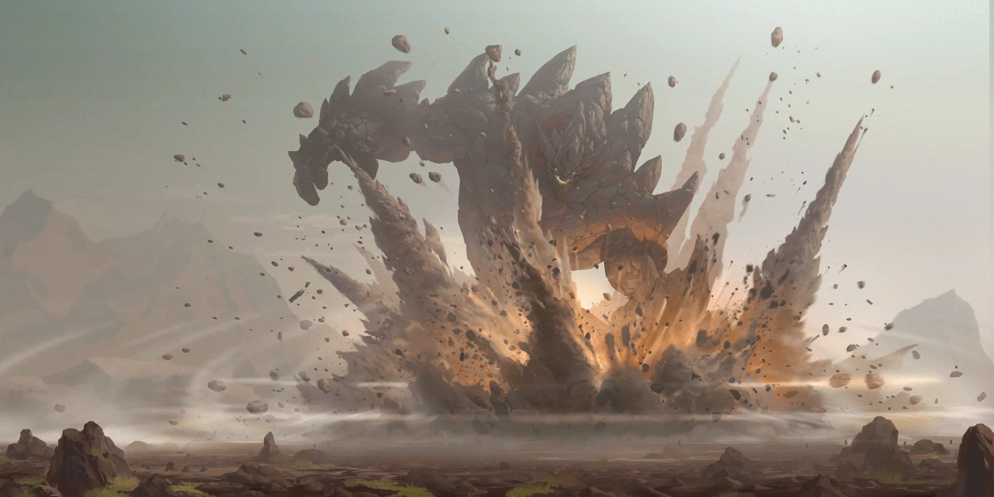 Malphite, a colossal being of living stone, erupting through shattered earth